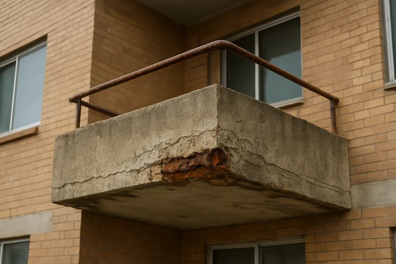 The corner of an older apartment balcony slab with a rust-stained broken corner and a bare bar — balcony concrete cancer, Newcastle. Illustrative example.