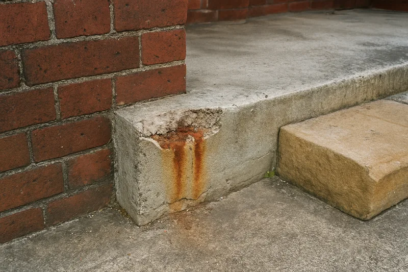 The concrete edge of an older brick terrace verandah slab with a spalled patch and rust stain — concrete repair in older buildings, Newcastle. Illustrative example.