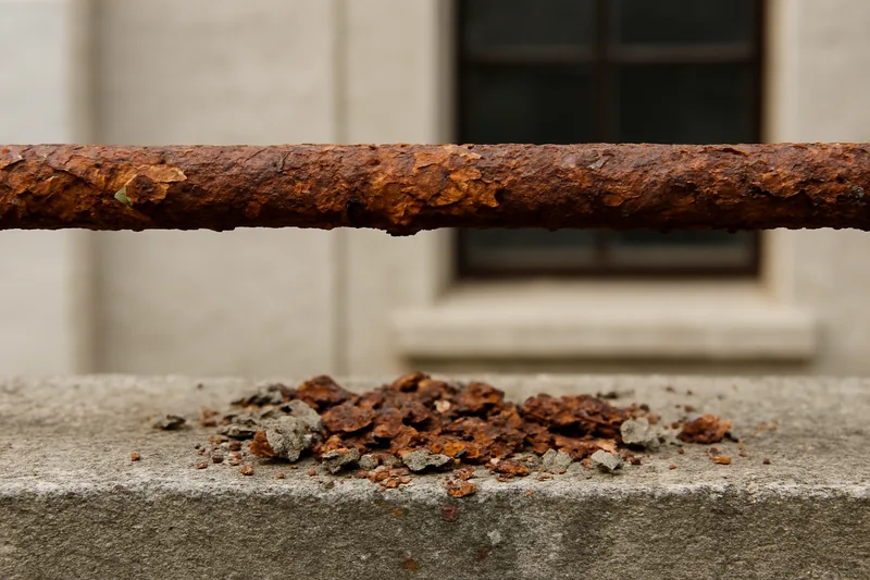 A corroded bar with flaking rust and small chunks of concrete below it — signs of concrete cancer, Newcastle. Illustrative example.