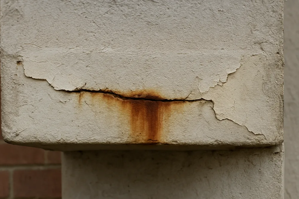 A hairline crack with rust bleeding along a concrete beam — signs of concrete cancer, Newcastle. Illustrative example.